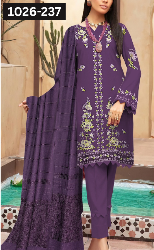 VOL 1026 | DS 237 | DHANAK DYED  EMBROIDERED 3PC DHANAK VELVET SHAWL