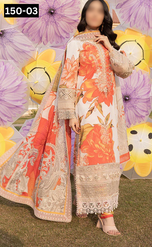 VOL 150 | DS 03 | DIGITAL PRINTED LINEN 3PC LINEN DUPATTA