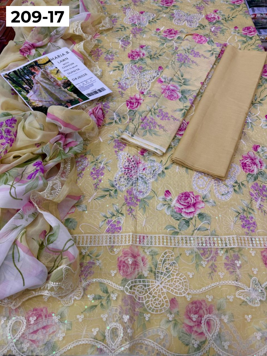 VOL 209 | DS 17 | LAWN 3PC PRINTED LAWN SHIRT ALONG WITH EMBROIDERED PATCHES PRINTED TROUSER EMBROIDERED DUPATTA