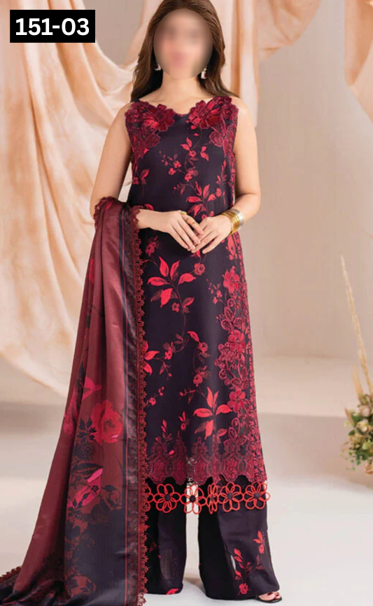 VOL 151 | DS 03 | DIGITAL PRINTED LINEN 3PC LINEN DUPATTA