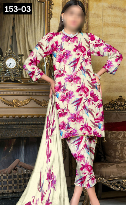 VOL 153 | DS 03 | DIGITAL PRINTED LINEN 3PC LINEN DUPATTA