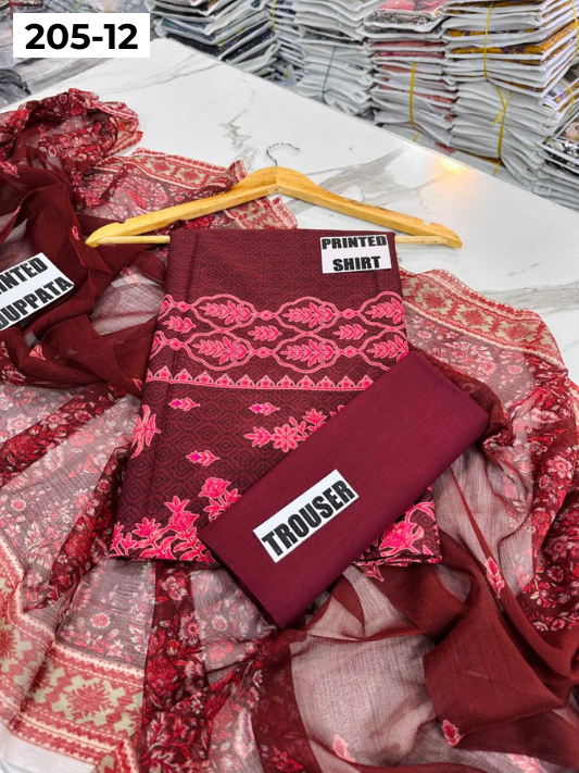 VOL 205 | DS 12 | DIGITAL PRINTED BANADORA LAWN SHIRT PLAIN TROUSER BAMBER CHIFFON DUPATTA