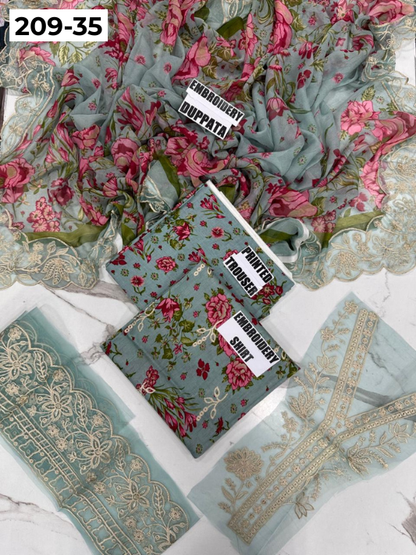 VOL 209 | DS 35 | LAWN 3PC PRINTED LAWN SHIRT ALONG WITH EMBROIDERED PATCHES PRINTED TROUSER EMBROIDERED DUPATTA