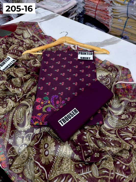 VOL 205 | DS 16 | DIGITAL PRINTED BANADORA LAWN SHIRT PLAIN TROUSER BAMBER CHIFFON DUPATTA