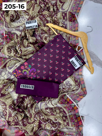 VOL 205 | DS 16 | DIGITAL PRINTED BANADORA LAWN SHIRT PLAIN TROUSER BAMBER CHIFFON DUPATTA
