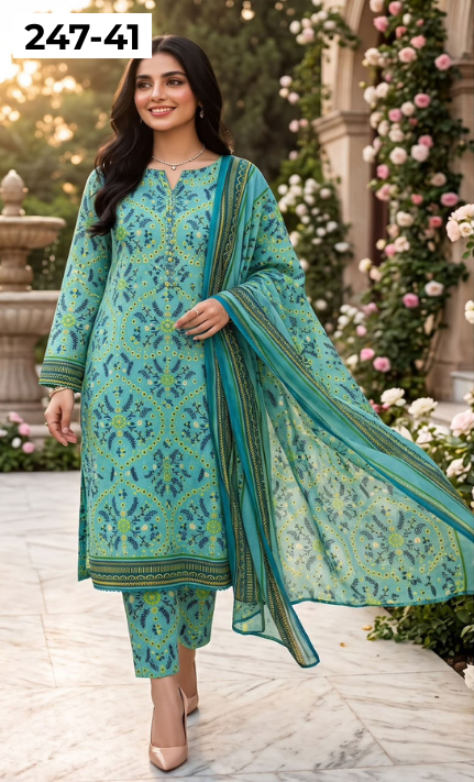 VOL 247 | DS 41 | DIGITAL PRINTED LAWN THREE PIECES VOIL LAWN DUPATTA