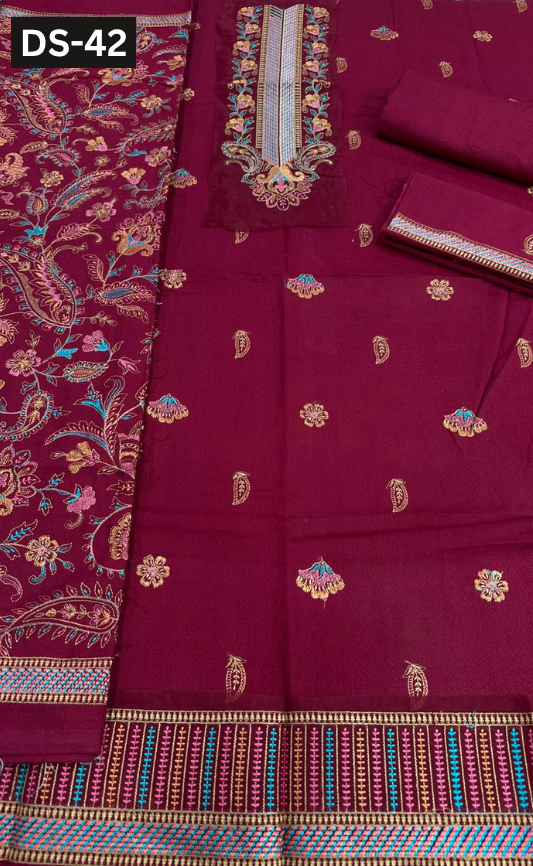 BAREEZE KARANDI | DS 42 | KARANDI EMBROIDERED 3PC WITH EMBROIDERED SHAWL