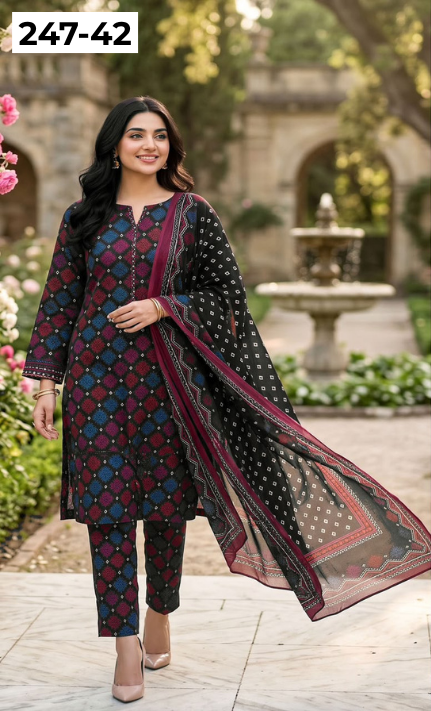 VOL 247 | DS 42 | DIGITAL PRINTED LAWN THREE PIECES VOIL LAWN DUPATTA