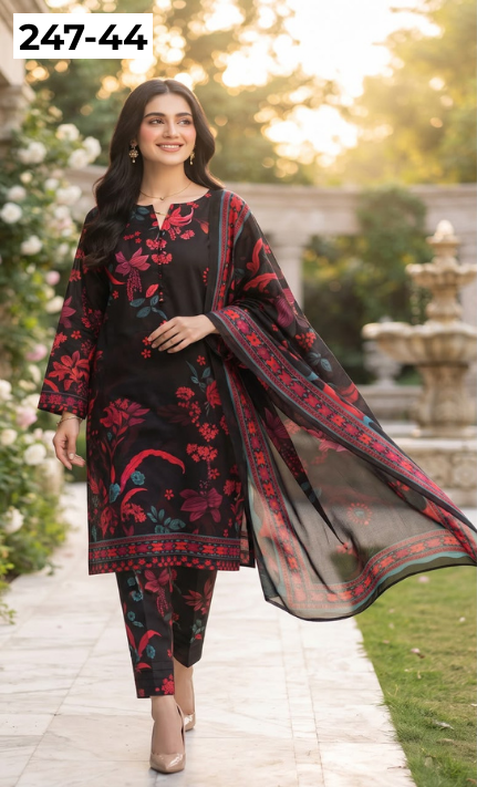 VOL 247 | DS 44 | DIGITAL PRINTED LAWN THREE PIECES VOIL LAWN DUPATTA