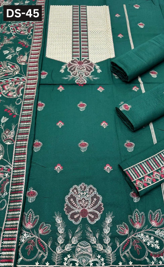 BAREEZE KARANDI | DS 45 | KARANDI EMBROIDERED 3PC WITH EMBROIDERED SHAWL