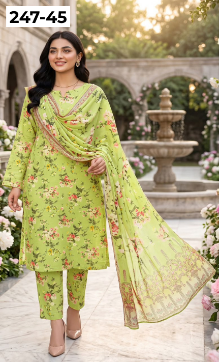 VOL 247 | DS 45 | DIGITAL PRINTED LAWN THREE PIECES VOIL LAWN DUPATTA