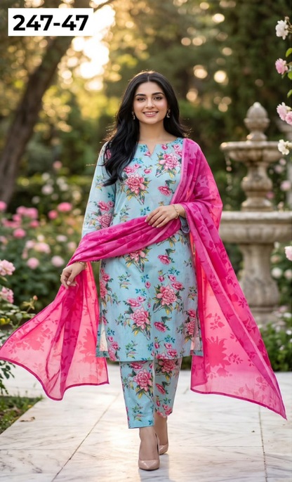 VOL 247 | DS 47 | DIGITAL PRINTED LAWN THREE PIECES VOIL LAWN DUPATTA