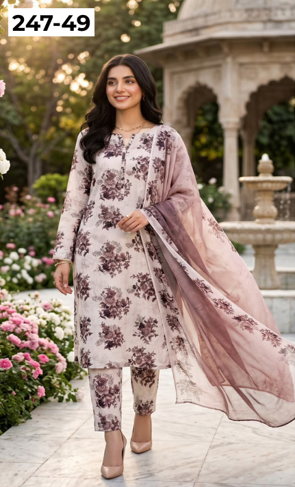 VOL 247 | DS 49 | DIGITAL PRINTED LAWN THREE PIECES VOIL LAWN DUPATTA