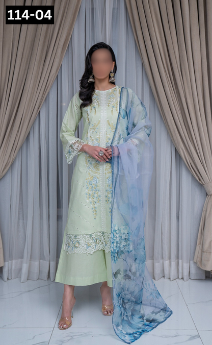 VOL 114 | DS 04 | SHANAYA LAWN EMBROIDERED 3PC PURE ORGANZA DUPATTA