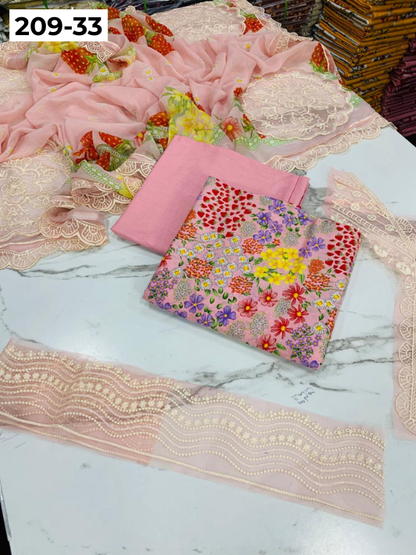 VOL 209 | DS 33 | LAWN 3PC PRINTED LAWN SHIRT ALONG WITH EMBROIDERED PATCHES PRINTED TROUSER EMBROIDERED DUPATTA