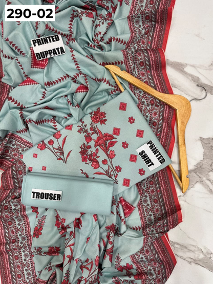 VOL 290 | DS 02 | PREMIUM DHANAK WINTER COLLECTON - DIGITAL PRINTED 3 PIECE SUIT | Printed Shirt with Neck Design | Plain Dyed Matching Trouser | Printed Dupatta