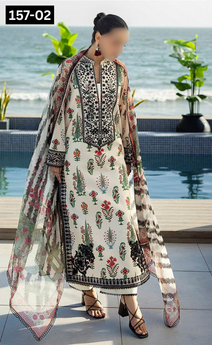 VOL 157 | DS 02 | DIGITAL PRINTED LINEN 3PC | LINEN DUPATTA | EMBROIDERED ORAGANZA PATCHES