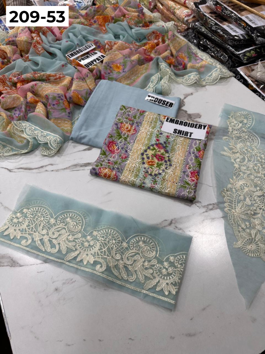 VOL 209 | DS 53 | LAWN 3PC PRINTED LAWN SHIRT ALONG WITH EMBROIDERED PATCHES PRINTED TROUSER EMBROIDERED DUPATTA