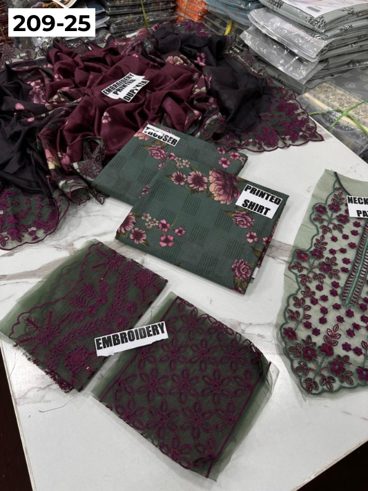 VOL 209 | DS 25 | LAWN 3PC PRINTED LAWN SHIRT ALONG WITH EMBROIDERED PATCHES PRINTED TROUSER EMBROIDERED DUPATTA