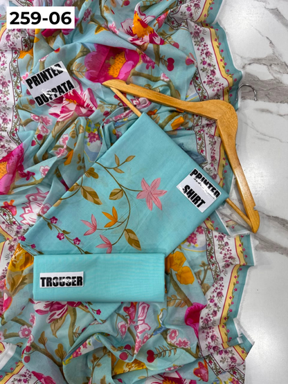 VOL 259 | DS 06 | SHANAYA | DIGITAL PRINTED 3PC LAWN SHIRT, DYED TROUSER, PRINTED VOIL DUPATTA