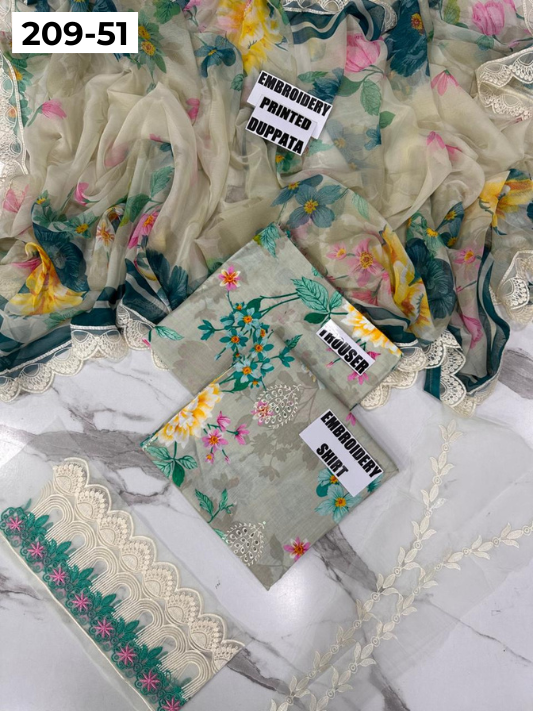 VOL 209 | DS 51 | LAWN 3PC PRINTED LAWN SHIRT ALONG WITH EMBROIDERED PATCHES PRINTED TROUSER EMBROIDERED DUPATTA