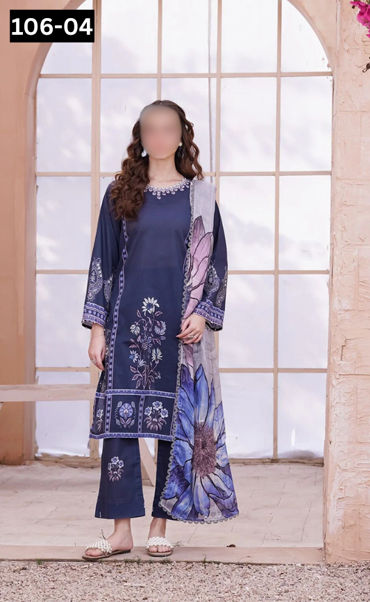 VOL 106 | DS 04 | DIGITAL PRINTED LAWN 3PC BAMBER CHIFFON DUPATTA
