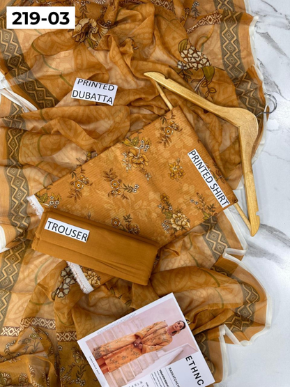VOL 219 | DS 03 | ETHNC LAWN 3PC | DIGITAL PRINTED BANADORA LAWN SHIRT PLAIN TROUSER BAMBER CHIFFON DUPATTA