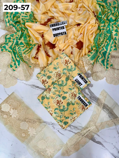VOL 209 | DS 57 | LAWN 3PC PRINTED LAWN SHIRT ALONG WITH EMBROIDERED PATCHES PRINTED TROUSER EMBROIDERED DUPATTA