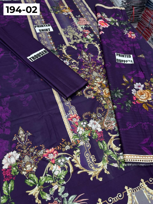 VOL 194 | DS 02 | Digital Printed Cotton Three Piece Doria Lawn Dupatta Plain Trouser