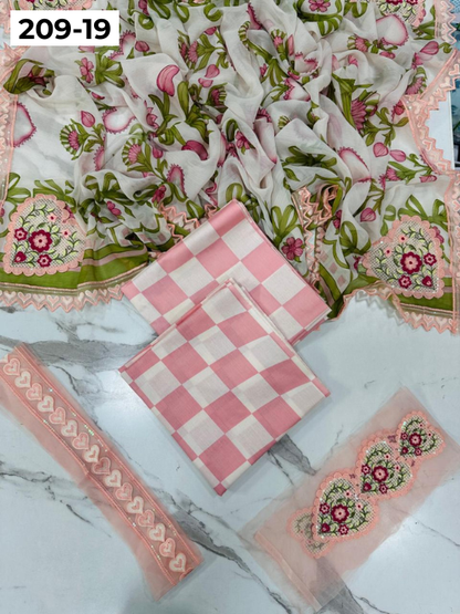 VOL 209 | DS 19 | LAWN 3PC PRINTED LAWN SHIRT ALONG WITH EMBROIDERED PATCHES PRINTED TROUSER EMBROIDERED DUPATTA
