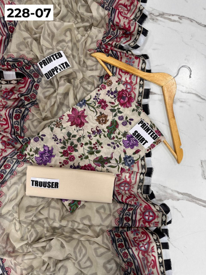 VOL 228 | DS 07 | DIGITAL PRINTED LAWN 3PC PRINTED LAWN SHIRT PLAIN TROUSER PRINTED VOIL DUPATTA