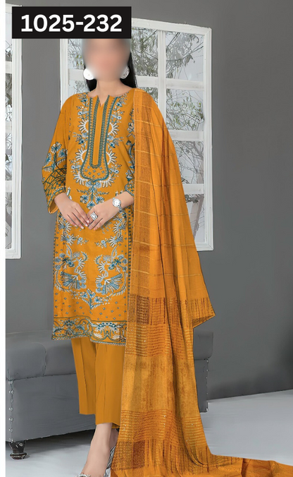 VOL 1025 | DS 232 | DHANAK DYED  EMBROIDERED 3PC DHANAK JACQUARD VELVET SHAWL