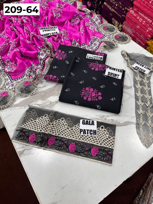 VOL 209 | DS 64 | LAWN 3PC PRINTED LAWN SHIRT ALONG WITH EMBROIDERED PATCHES PRINTED TROUSER EMBROIDERED DUPATTA