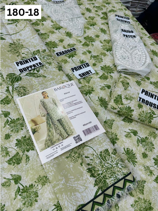 VOL 180 | DS 18 | DIGITAL PRINTED KHADDAR 3PC | EMBROIDERED PATCHES | KHADDAR DUPATTA