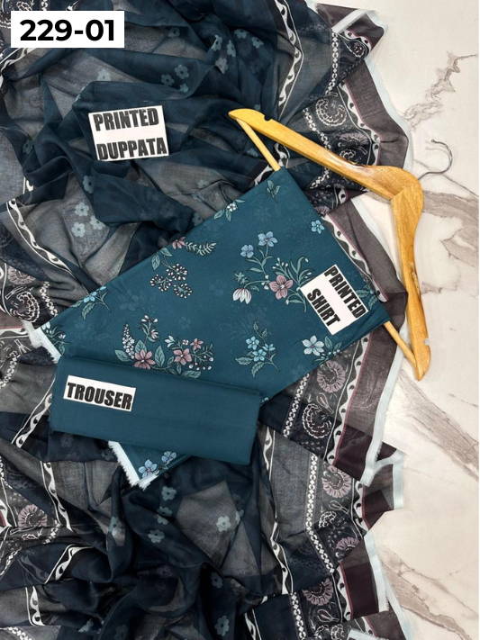 VOL 229 | DS 01 | DIGITAL PRINTED LAWN 3PC PRINTED LAWN SHIRT PLAIN TROUSER PRINTED VOIL DUPATTA