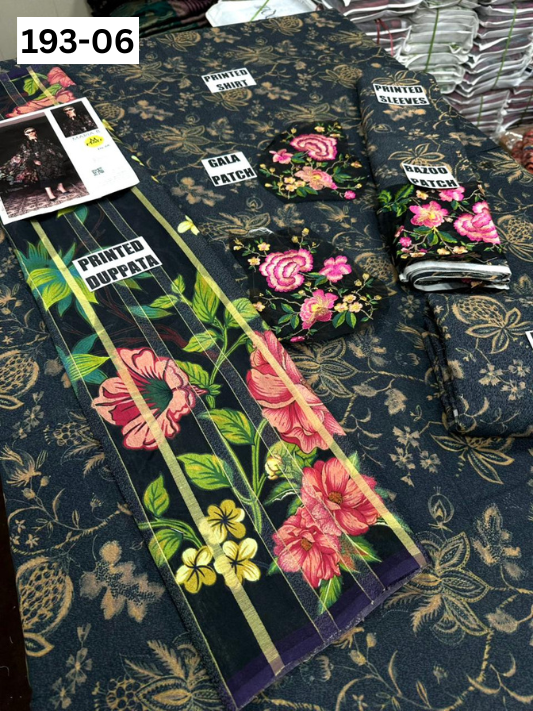 VOL 193 | DS 06 | DIGITAL PRINTED KARANDI 3PC | EMBROIDERED PATCHES | FANCY KARANDI DUPATTA