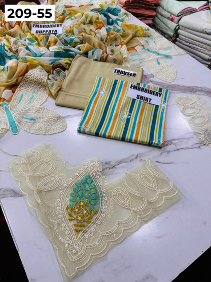 VOL 209 | DS 55 | LAWN 3PC PRINTED LAWN SHIRT ALONG WITH EMBROIDERED PATCHES PRINTED TROUSER EMBROIDERED DUPATTA