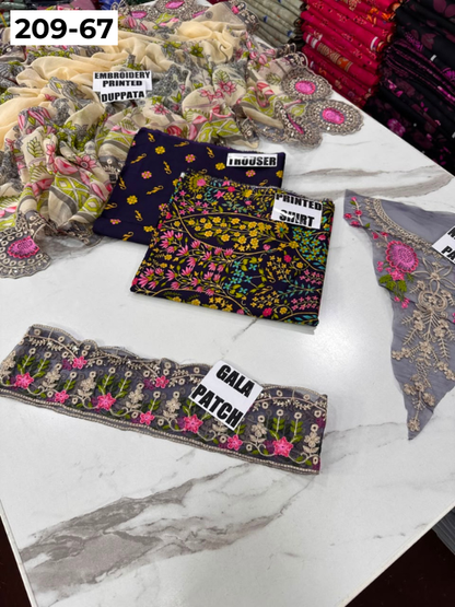 VOL 209 | DS 67 | LAWN 3PC PRINTED LAWN SHIRT ALONG WITH EMBROIDERED PATCHES PRINTED TROUSER EMBROIDERED DUPATTA
