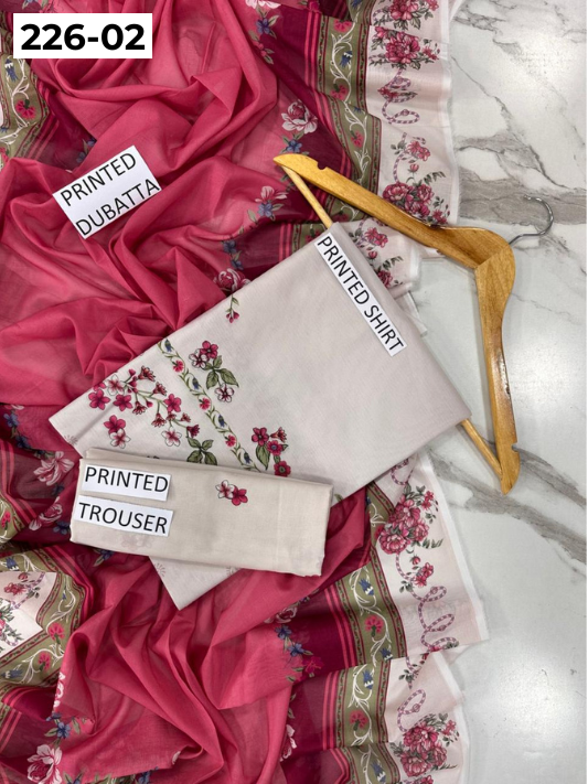 VOL 226 | DS 02 | DIGITAL PRINTED LAWN 3PC PRINTED LAWN SHIRT PLAIN TROUSER PRINTED VOIL DUPATTA