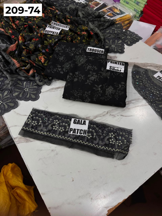 VOL 209 | DS 74 | LAWN 3PC PRINTED LAWN SHIRT ALONG WITH EMBROIDERED PATCHES PRINTED TROUSER EMBROIDERED DUPATTA