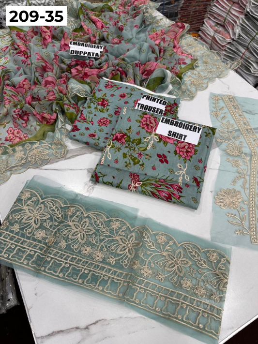 VOL 209 | DS 35 | LAWN 3PC PRINTED LAWN SHIRT ALONG WITH EMBROIDERED PATCHES PRINTED TROUSER EMBROIDERED DUPATTA