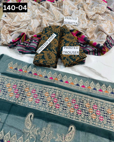 VOL 140 | DS 04 | DIGITAL PRINTED BANADORA LAWN 3PC | VOIL LAWN DUPATTA | EMBROIDERED ORAGANZA PATCHES