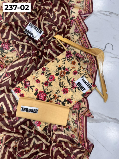VOL 237 | DS 02 | DIGITAL PRINTED BANADORA LAWN SHIRT, PLAIN TROUSER, PRINTED LAWN DUPATTA