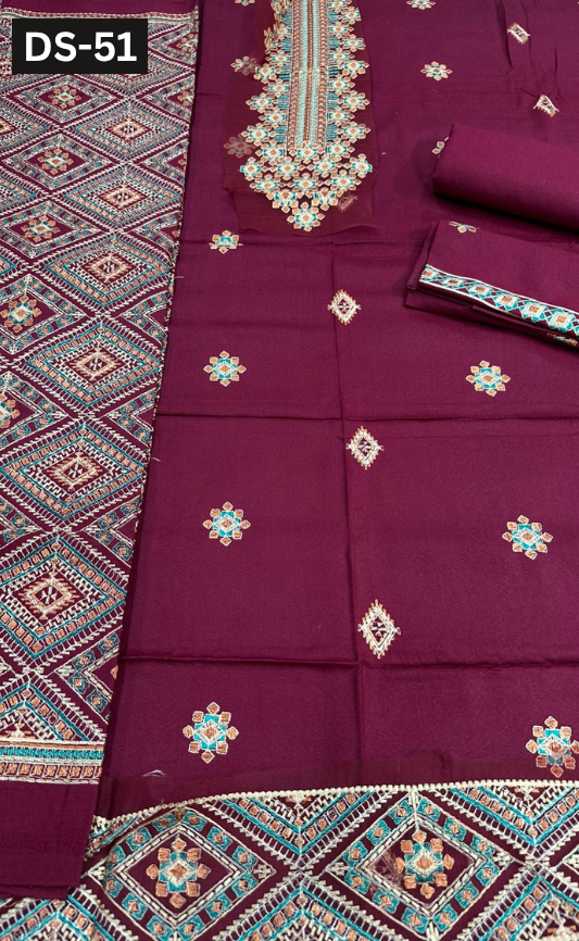 BAREEZE KARANDI | DS 51 | KARANDI EMBROIDERED 3PC WITH EMBROIDERED SHAWL