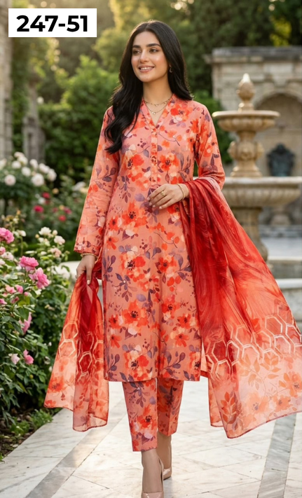 VOL 247 | DS 51 | DIGITAL PRINTED LAWN THREE PIECES VOIL LAWN DUPATTA