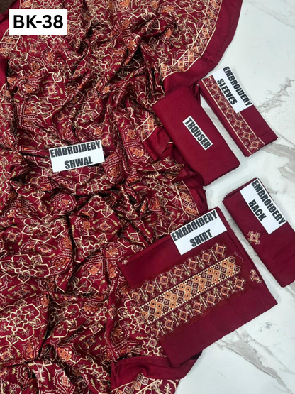 BAREEZE KARANDI | DS 38 | KARANDI EMBROIDERED 3PC WITH EMBROIDERED SHAWL