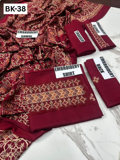 BAREEZE KARANDI | DS 38 | KARANDI EMBROIDERED 3PC WITH EMBROIDERED SHAWL