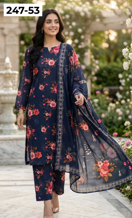 VOL 247 | DS 53 | DIGITAL PRINTED LAWN THREE PIECES VOIL LAWN DUPATTA