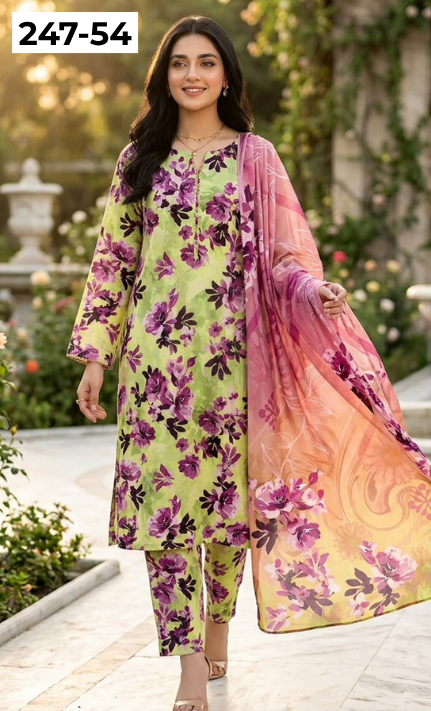 VOL 247 | DS 54 | DIGITAL PRINTED LAWN THREE PIECES VOIL LAWN DUPATTA