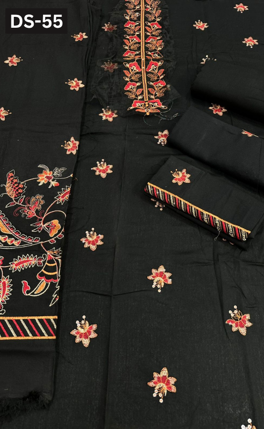 BAREEZE KARANDI | DS 55 | KARANDI EMBROIDERED 3PC WITH EMBROIDERED SHAWL